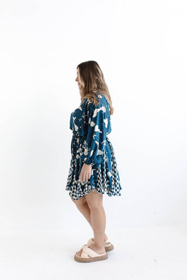 HEAD IN THE CLOUDS SPLICE TIE MINI DRESS