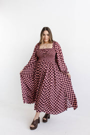 CHECKERS SHIRRED DRESS - BURGUNDY