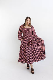 CHECKERS SHIRRED DRESS - BURGUNDY