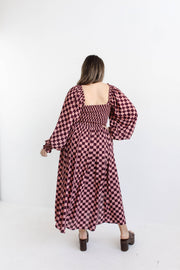 CHECKERS SHIRRED DRESS - BURGUNDY