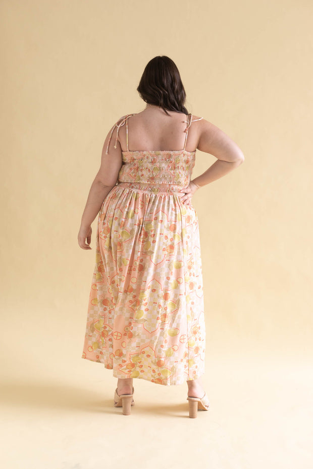 LIMONCELLO STRAPPY SHIRRED MIDI DRESS - PEACH