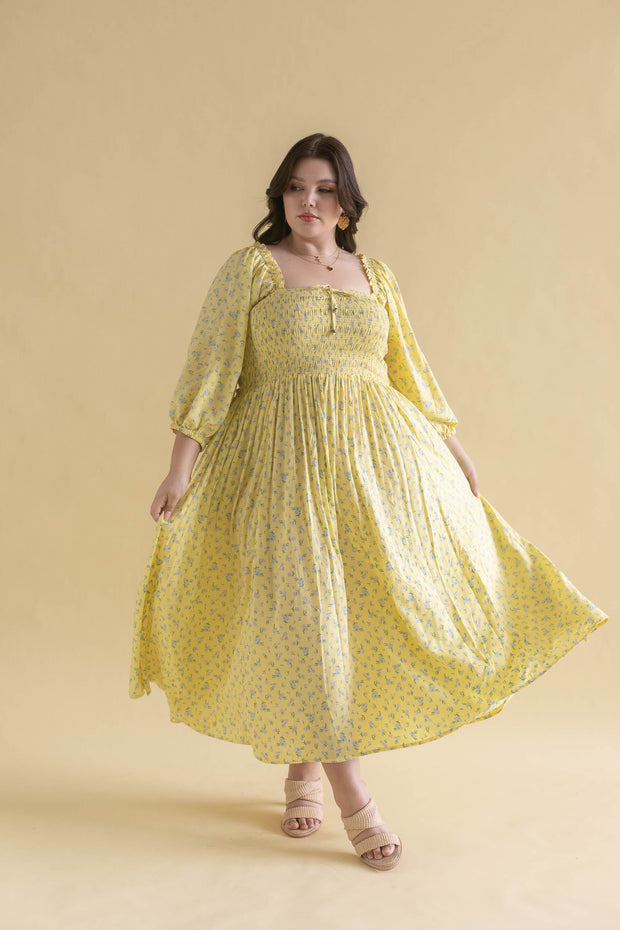 FLORES SHIRRED MIDI DRESS - ZEST YELLOW