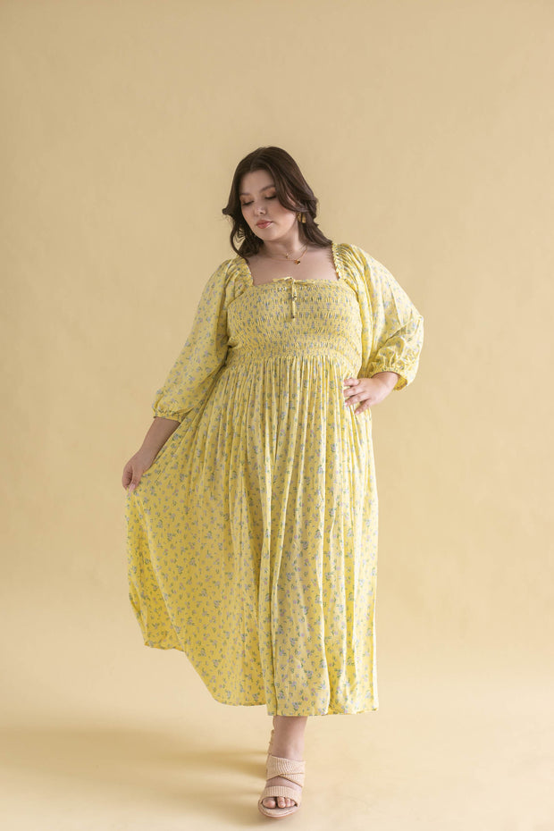 FLORES SHIRRED MIDI DRESS - ZEST YELLOW