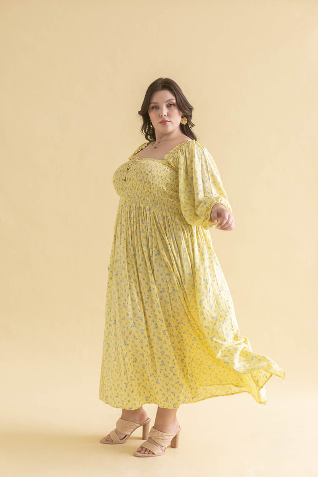 FLORES SHIRRED MIDI DRESS - ZEST YELLOW