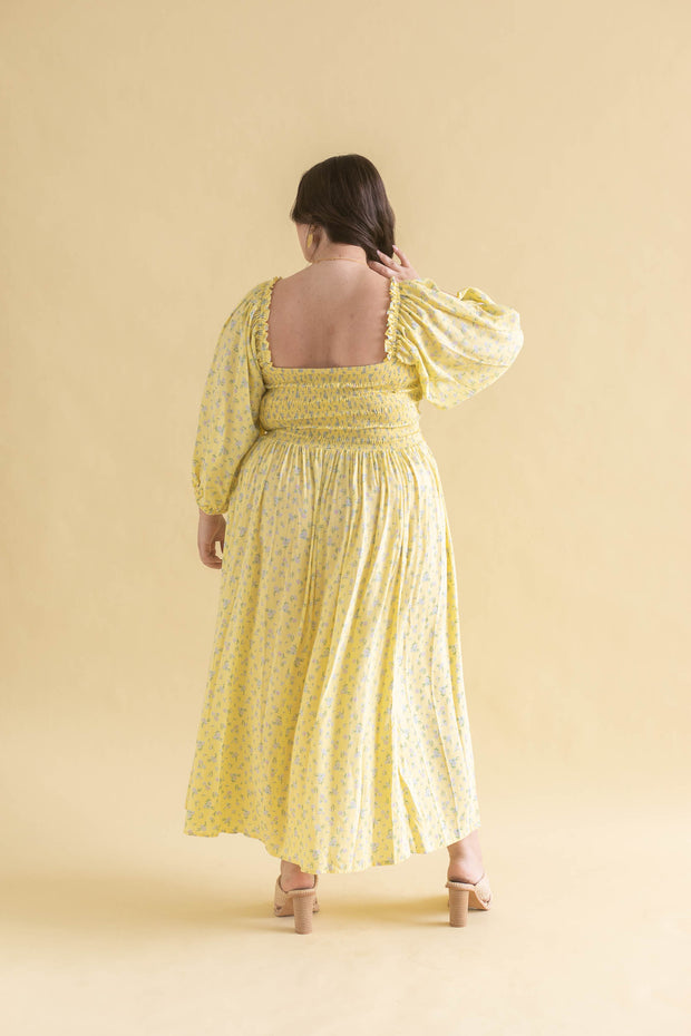 FLORES SHIRRED MIDI DRESS - ZEST YELLOW